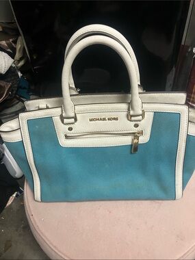 Michael Kors Blue and White Satchel with Gold Accents